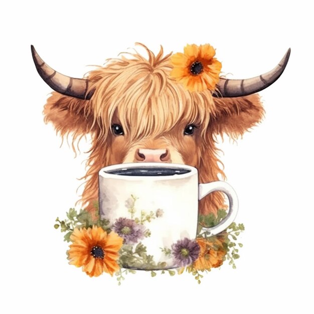 Hay una vaca con una flor en la cabeza sosteniendo una taza de café ai generativo