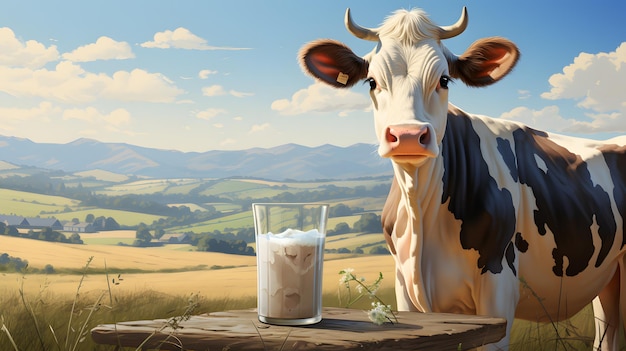 Hay una vaca parada al lado de un vaso de leche generativa ai