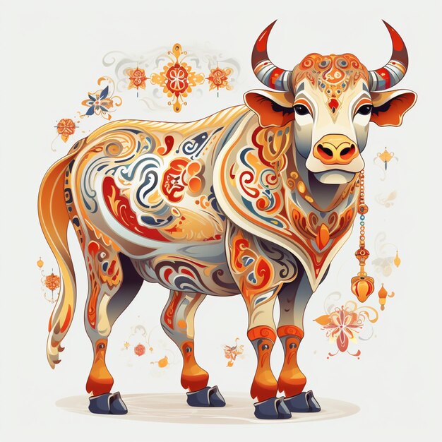 Hay una vaca con un patrón decorativo en su cuerpo generativo ai