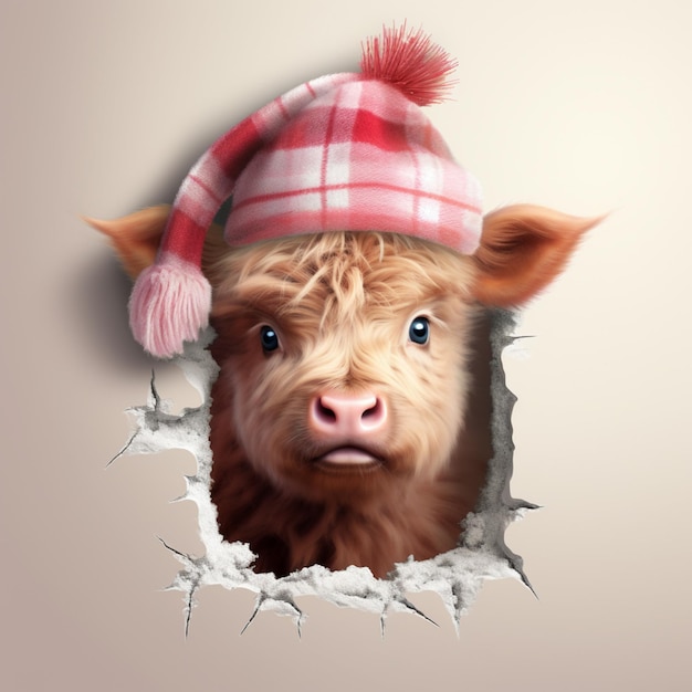 Foto hay una vaca con un sombrero mirando a través de un agujero en la pared generativa ai