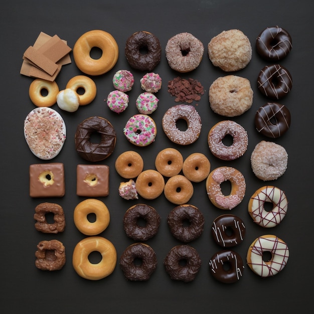 Hay una variedad de donas en una mesa, incluida una que tiene chocolate y glaseado blanco.