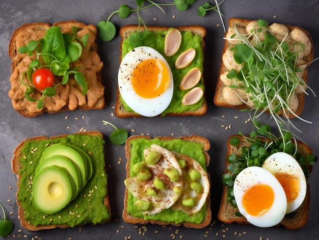 Hay una variedad de tostadas sobre una mesa, que incluyen aguacate, aguacate y huevo.