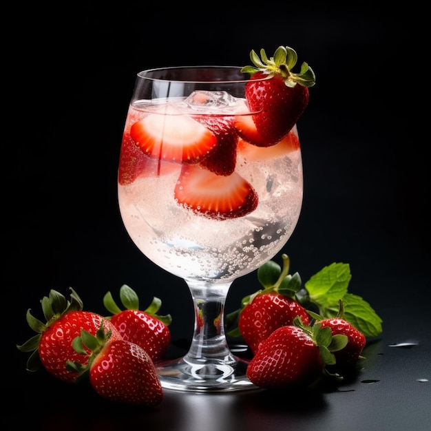 Hay un vaso de agua con fresas y hielo en él generativo ai