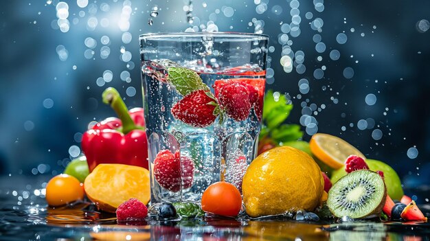 hay un vaso de agua con fruta y agua salpicando sobre él generativo ai