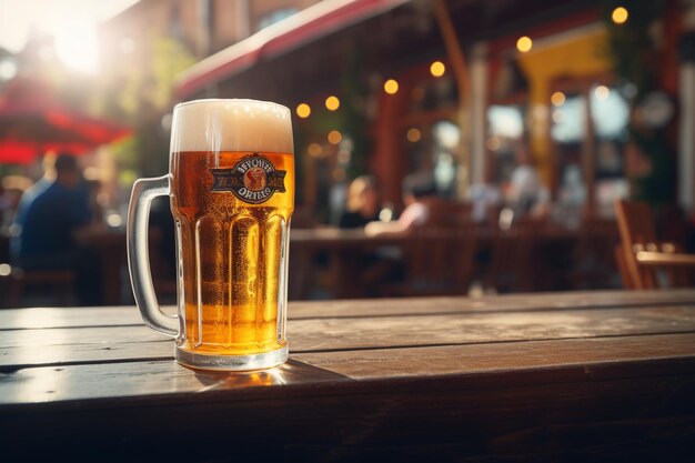 Hay un vaso de cerveza sentado en una mesa afuera del aire generativo.