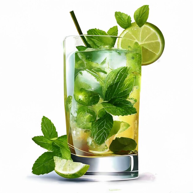 hay un vaso de mojita con lima y hojas de menta generativa ai