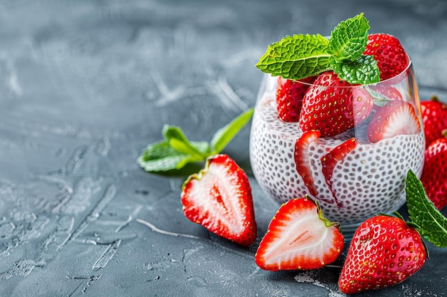 Hay un vaso de pudín de chía con fresas y hojas de menta.