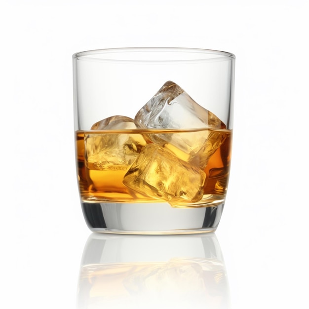 Hay un vaso de whisky con cubos de hielo en él generativo ai