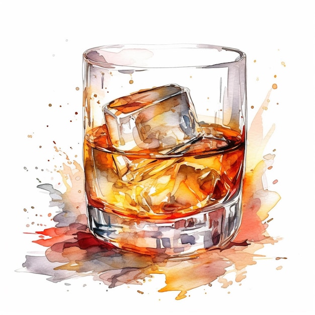 Hay un vaso de whisky con hielo en las rocas ai generativo