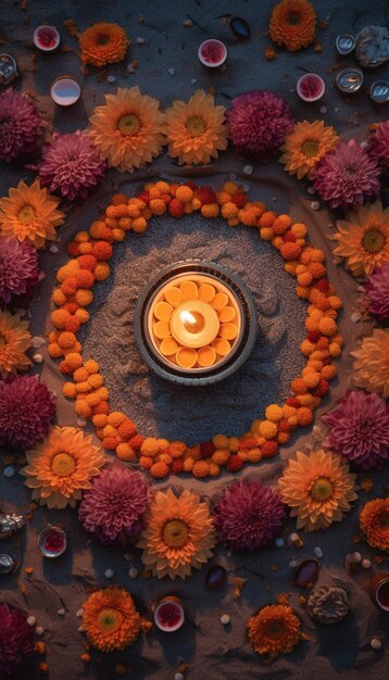 Hay una vela rodeada de flores y velas en una mesa generativa ai