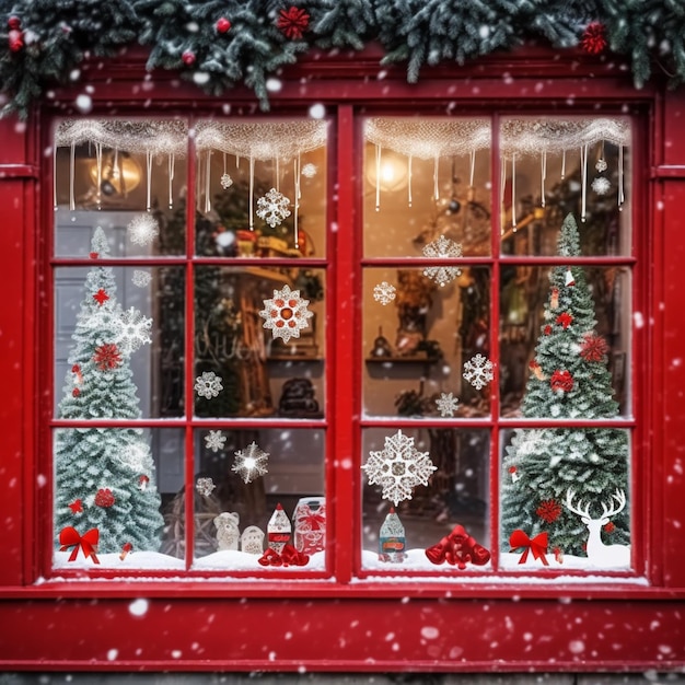 Foto hay una ventana roja con una exhibición de navidad en ella generativo ai