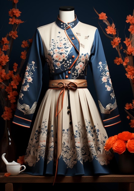 hay un vestido en un maniquí con flores en el fondo generativo ai