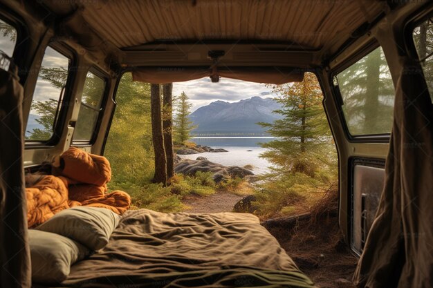 hay una vista de un lago desde el interior de una camioneta ai generativa