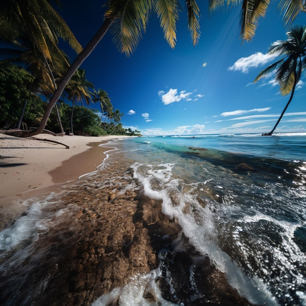 hay una vista de una playa con palmeras y olas generativas ai