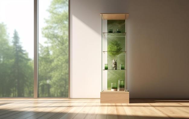 Hay una vitrina de vidrio con plantas en ella en una habitación generativa ai