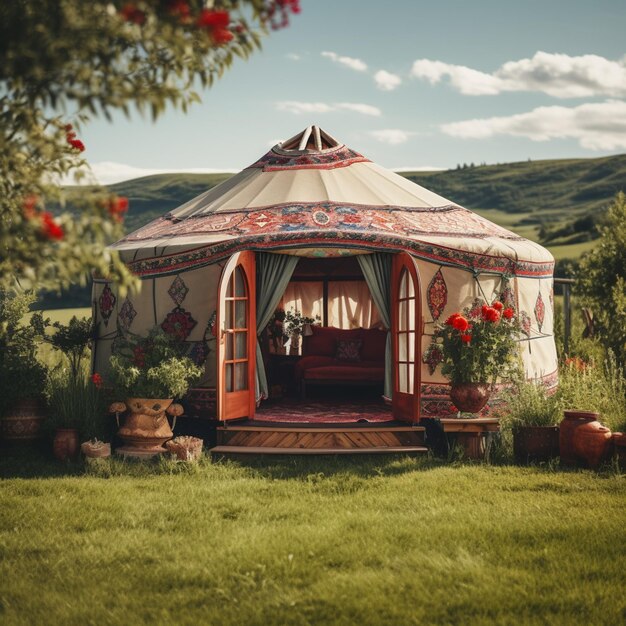 Foto hay una yurta con una puerta y una ventana en la hierba generativa ai