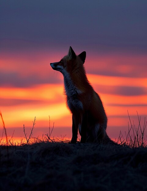 hay un zorro sentado en el suelo mirando la puesta de sol generativo ai