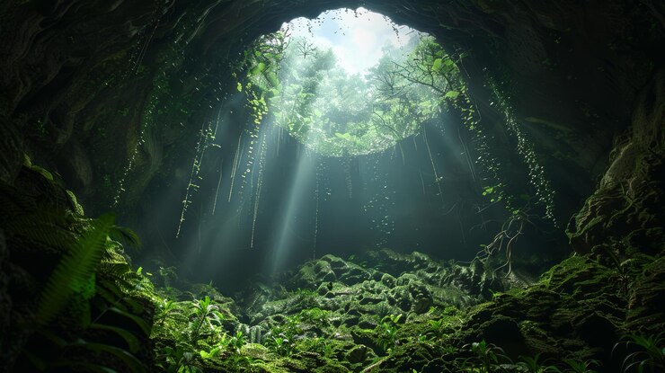 Un haz de luz brilla desde arriba en la boca de una cueva llena de bosque verde oscuro