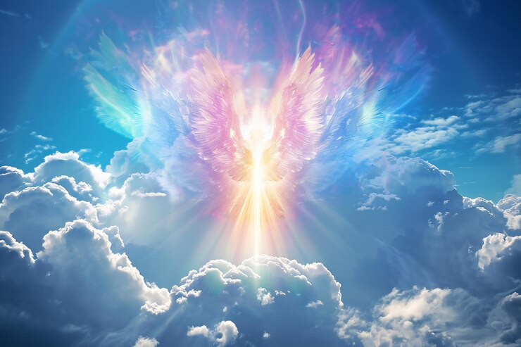 Un haz de luz brilla a través de las nubes creando un aura angelical con colores de arco iris y alas ap