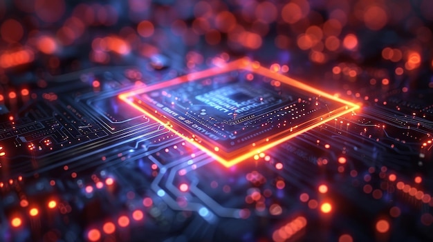 Foto el haz de señal digital pasa a través de qubits en un núcleo óptico de una computadora cuántica fondo técnico tecnología de hardware futurista de la computación cuántica