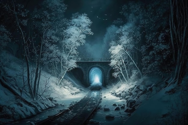 Haz un túnel debajo de un puente en una oscura noche de invierno