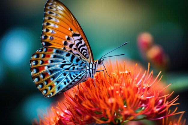 Foto haz un zoom en los delicados patrones de las alas de una mariposa mientras aterriza en una flor vibrante