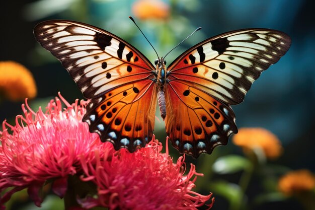 Haz un zoom en los delicados patrones de las alas de una mariposa mientras aterriza en una flor vibrante