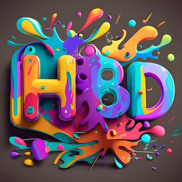 Foto hbd-buchstaben für alles gute zum geburtstag auf buntem farbspritzer-hintergrund 3d-rendering