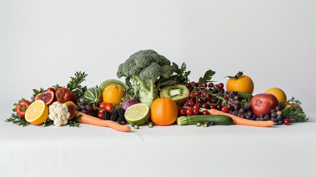 HD Una captura de una cornucopia de productos frescos, incluidas zanahorias, brócoli y calabazas, intercaladas con deliciosas bayas y cítricos en una superficie blanca y sin manchas