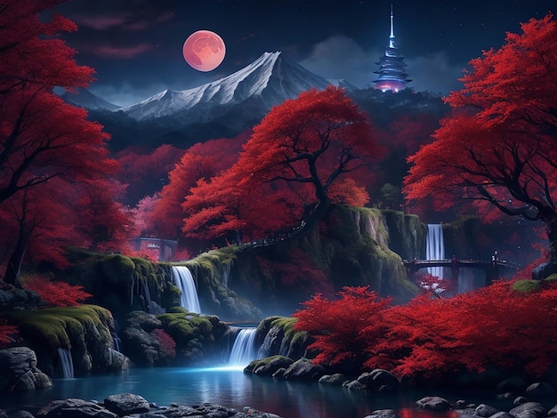 Hd Cascada Fondos de pantalla montaña grande luna árbol mágico