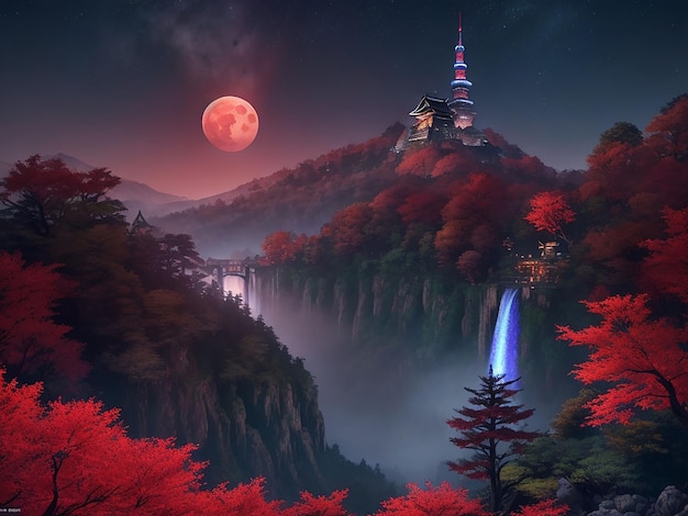 Hd Cascada Fondos de pantalla montaña grande luna árbol mágico