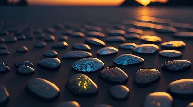 HD-Hintergrundbild und Zoom-Hintergrund, leuchtende Glassteine an einem Sonnenaufgangsstrand