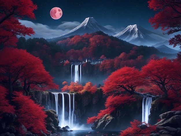 Hd Waterfall Wallpapers montaña árbol mágico fondo luna grande