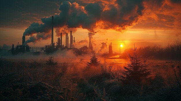 Foto hdr-bild einer mit rauch von rohrfabriken kontaminierten industrielandschaft