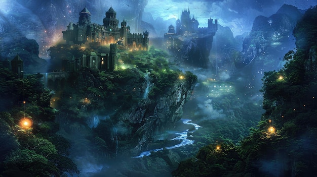 He aquí el encantador castillo en la montaña de la niebla al anochecer abrazando una atmósfera mágica AIG59