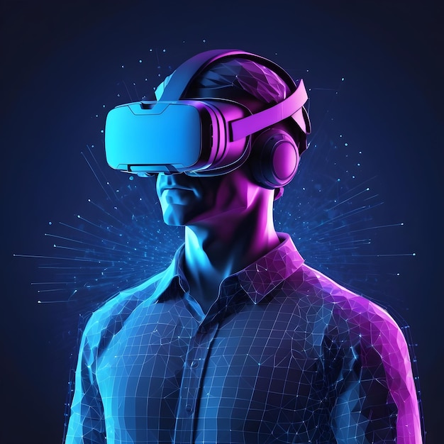 Headset de realidade virtual holográfico Homem poligonal usando óculos de realidade virtual