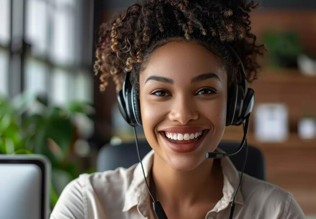 Headset de mujer negra y retrato de oficina en el telemarketing del centro de llamadas y agente o consultor en