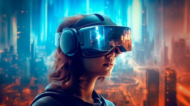 Headset de realidad virtual con doble exposición metaverso mundo virtual futurista estado de conciencia IA generativa