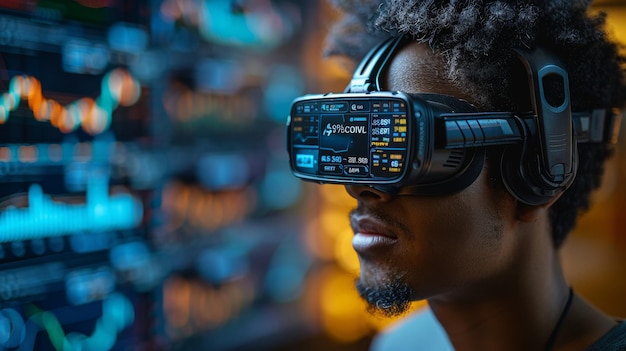 Headset VR o pantalla montada en la cabeza gafas HMD utilizadas para interactuar con paneles financieros con indicadores clave de rendimiento del mercado de valores KPI e inteligencia empresarial BI