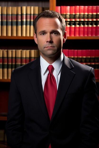Foto headshot de um advogado em terno e gravata de pé em uma biblioteca