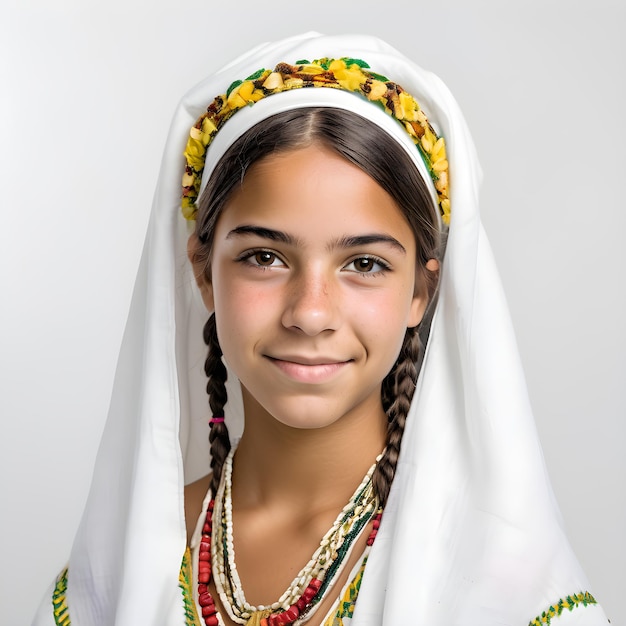 Headshot de uma menina brasileira de 16 anos de idade em roupas tradicionais com fundo branco
