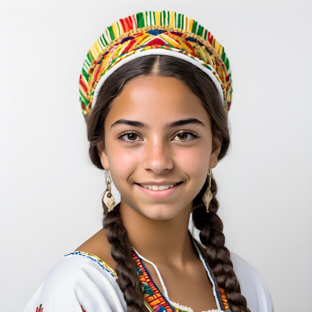 Headshot de uma menina brasileira de 16 anos de idade em roupas tradicionais com fundo branco