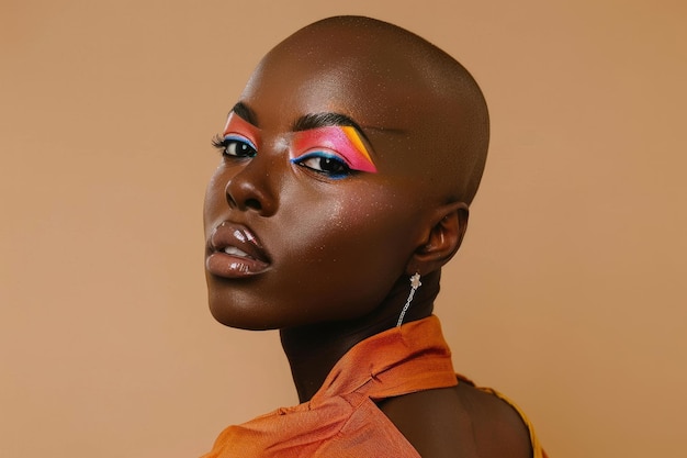 Headshot einer kahlen afrikanischen Frau mit leuchtend farbenfrohem Make-up mit hellen Blauen und Pinken, die gegen einen cremefarbenen Studio-Hintergrund hervortreten