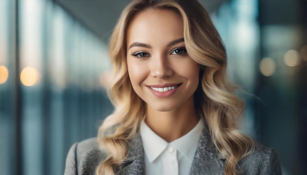 Headshot einer strahlenden Frau, die Zuversicht und Freude ausstrahlt, während sie die Augen mit der Kamera verbindet