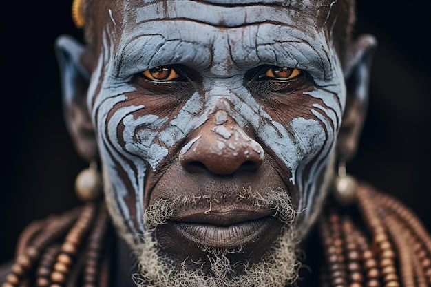 Headshot-Porträt eines alten afrikanischen Stammesmanns, der in die Kamera schaut