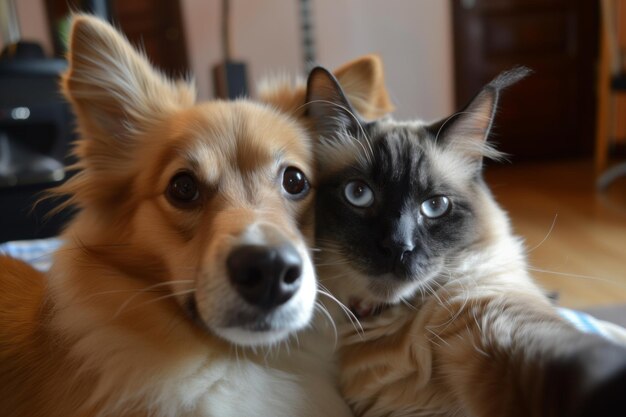 Foto headtilt von hund und katze, die einen niedlichen selfie-moment aufnehmen