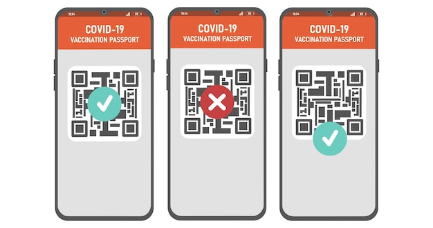 Health Covid Passport und mobiler App-Bildschirm mit QR-Code zur Überprüfung der Impfung nach der Impfung.