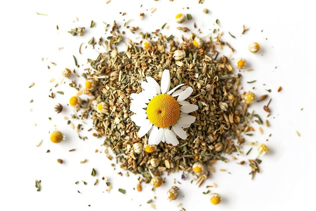 Foto heap of dry chamomile and fresh flower top view on white background generative ai tools created (hecho de manzanilla seca y flores frescas en el fondo blanco)