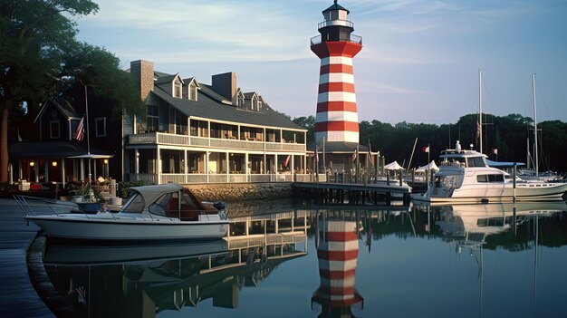 Heavenly Leuchtturm Hilton Head Island Un edificio desde el puerto junto a los cafés y barcos del Atlántico