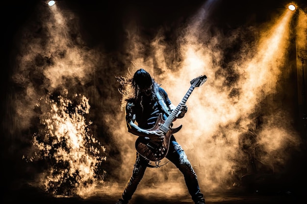 Heavy-Metal-Gitarrist tritt solo auf der Bühne auf, Rauch und Lichter sorgen für eine dramatische Atmosphäre